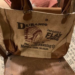 Burlap tote with leather handles
